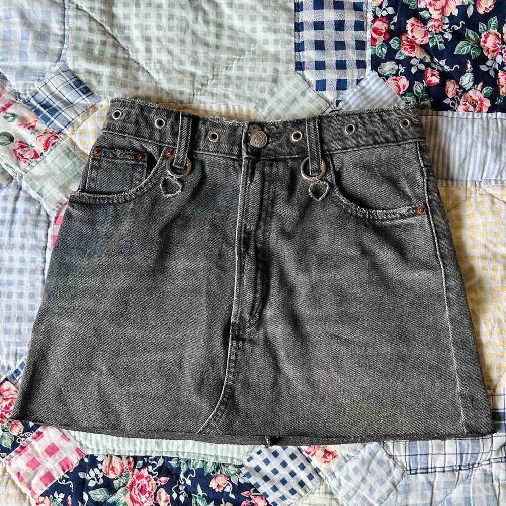 Women's Charcoal Gray Denim Mini Skirt with Heart Ring Details